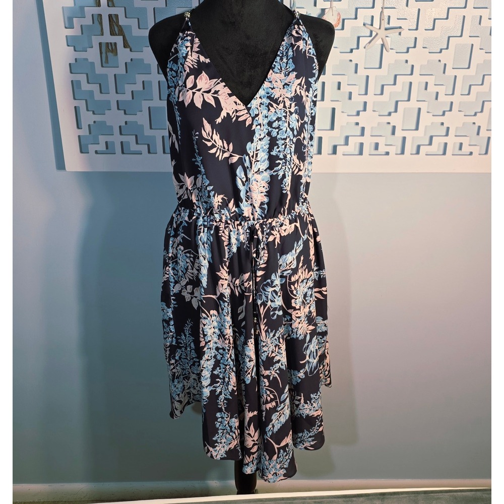 Ivanka Trump Navy Blue Floral Halter High-Low Dress Size 10 Silver Accents
